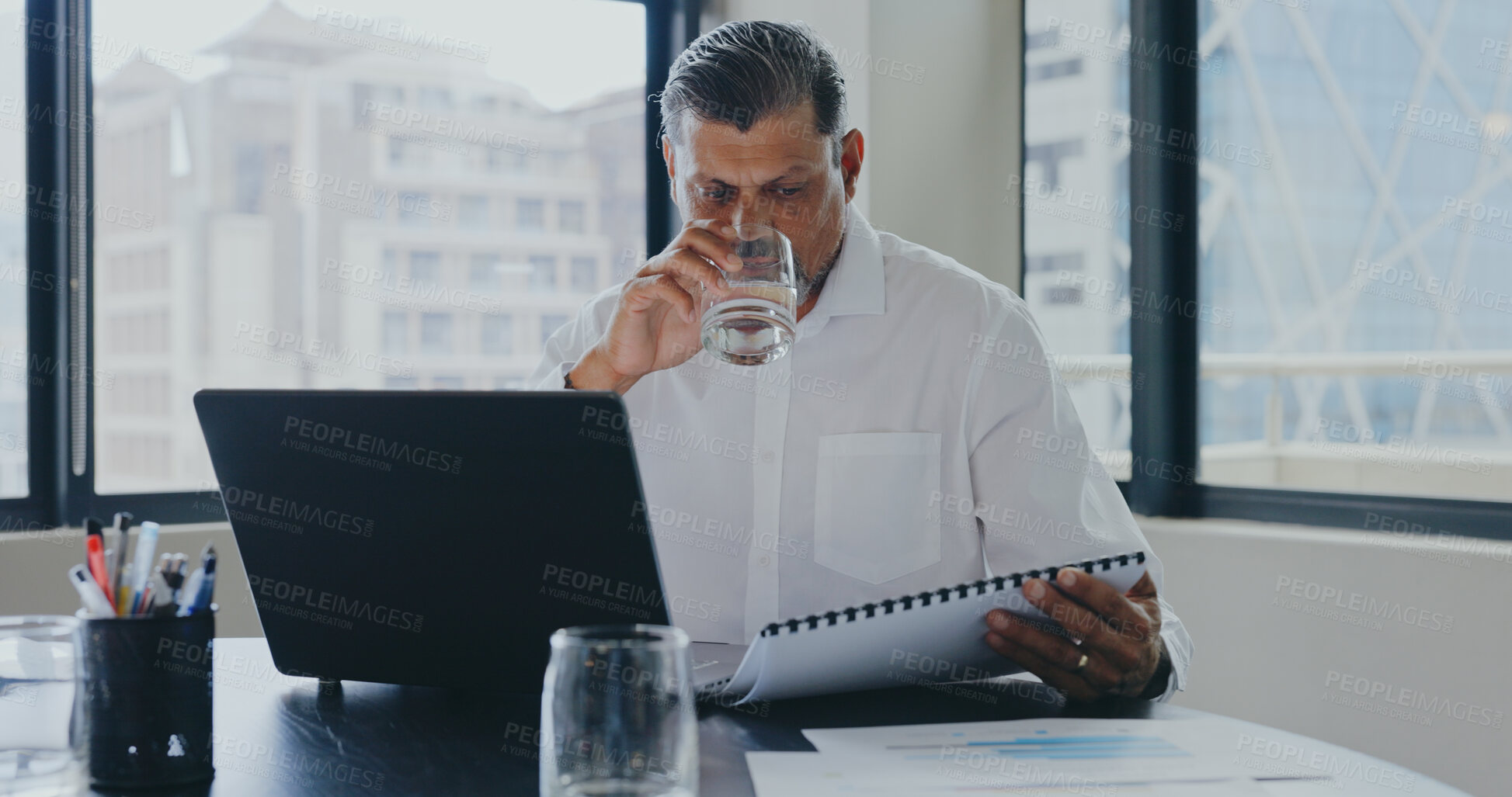 Buy stock photo Business, drinking water and man with a laptop, documents and connection with a project, research and planning. Thinking, senior person or employee with paperwork, hydration and pc with data analysis