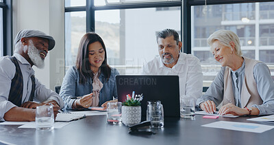 Buy stock photo Laptop, problem solving or senior business people in meeting planning strategy together. Brainstorming, leadership or mature manager in office talking or speaking of financial info or report online