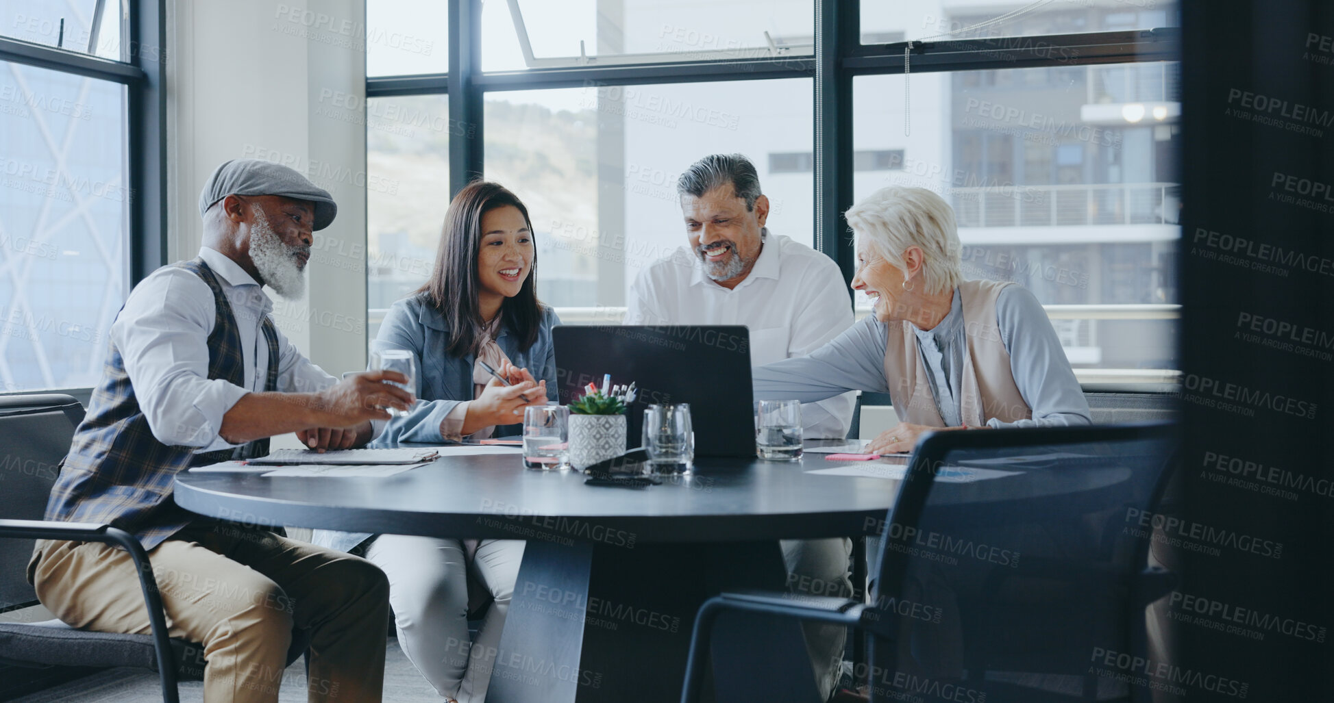 Buy stock photo Business people, manager and meeting with a laptop in office, planning and cooperation with collaboration. Staff, teamwork and employees for idea or diversity with connection, partnership or internet