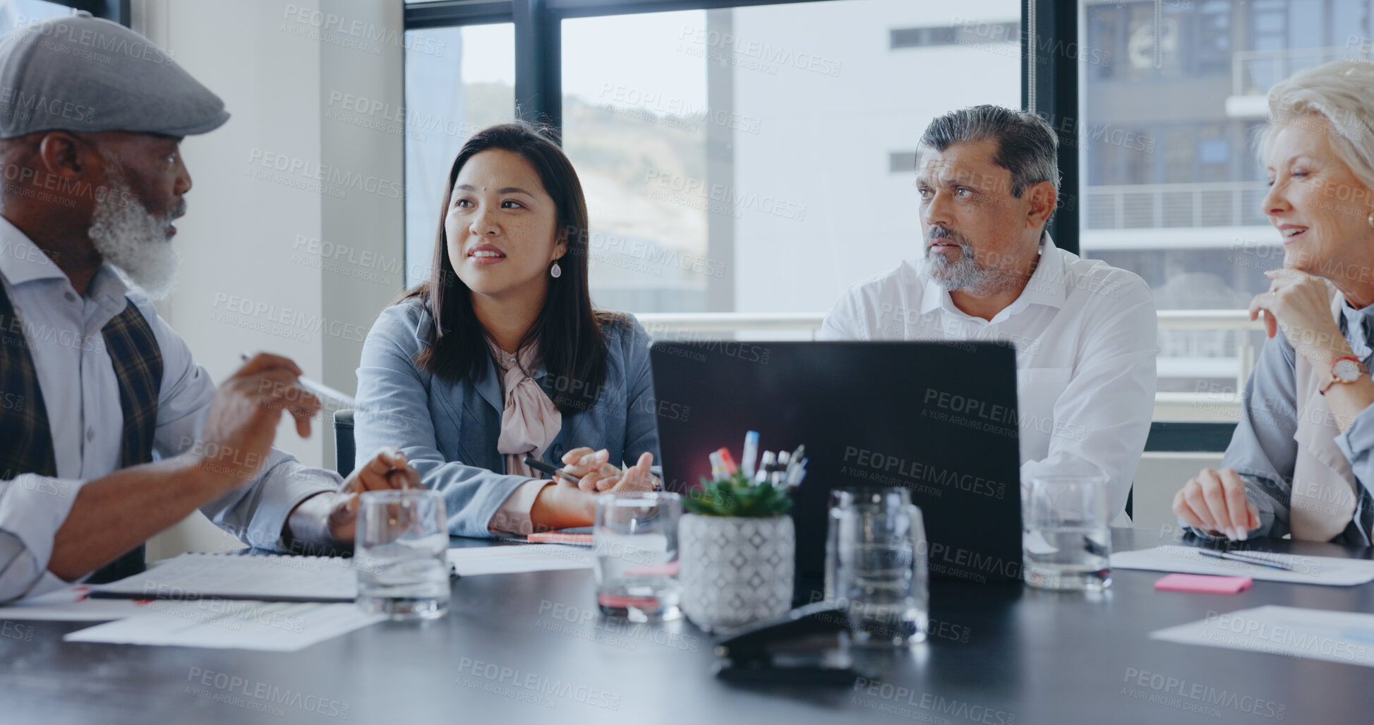 Buy stock photo Teamwork, problem solving or senior business people in meeting planning strategy together. Brainstorming, leadership or mature manager in office talking or speaking of financial info or report online