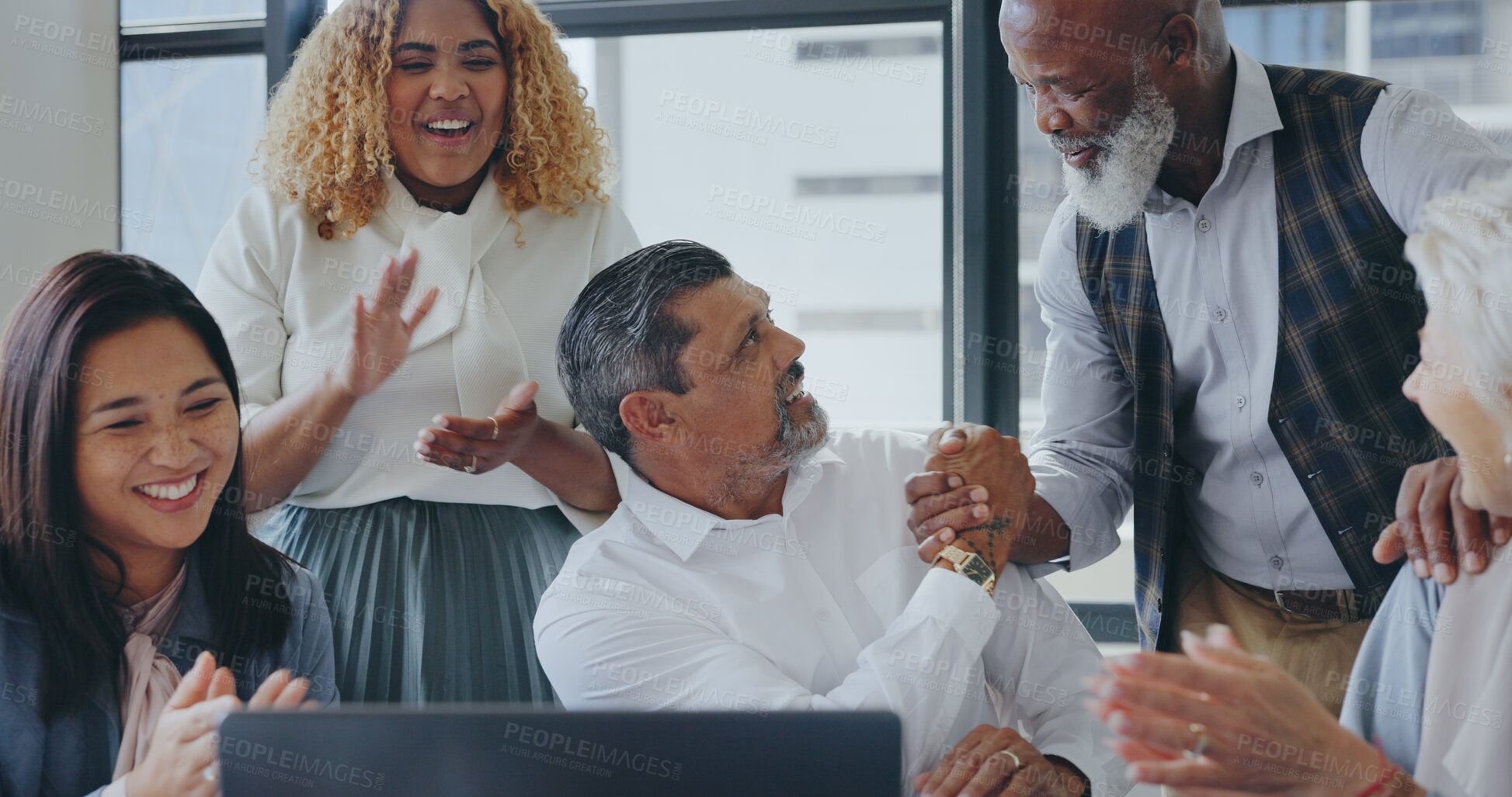 Buy stock photo Handshake, stock market or happy business people with success, victory or financial deal in office. Investment, applause or excited team in celebration of online target, profit growth or winning goal