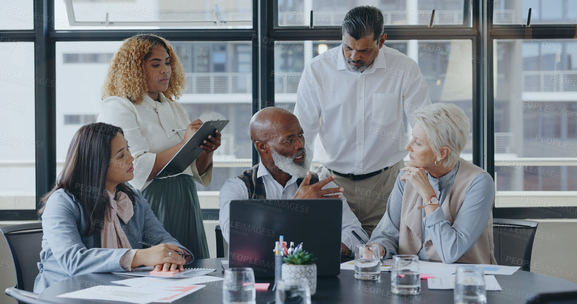 Buy stock photo Business people, leader and meeting with a laptop, cooperation and teamwork with ideas. Staff, manager and employees with a pc, planning and collaboration with brainstorming, partnership and internet