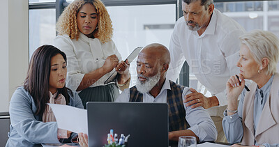 Buy stock photo Business people, leader and meeting with a laptop, conversation and cooperation with teamwork. Staff, manager and employees with a pc, internet and collaboration with planning, partnership and ideas