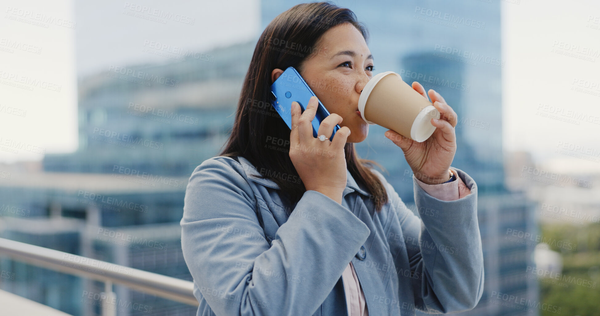 Buy stock photo Coffee, phone call and a business asian woman in a city for communication or networking on an opportunity. Vision, mobile and contact with a young employee talking while drinking tea in an urban town