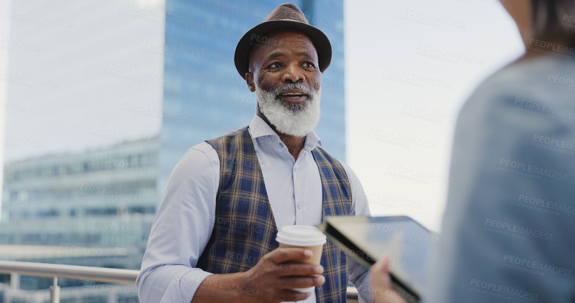 Buy stock photo Business, black man and coffee in the city with conversation of a ceo with management outdoor. Morning, working and African male professional in New York with communication and planning of a leader