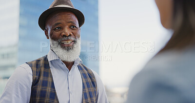 Buy stock photo Mature, man and meeting with business in city for career, schedule or calendar. Elderly, person and entrepreneur with smile for employee on rooftop with plan, discussion or work for project in future