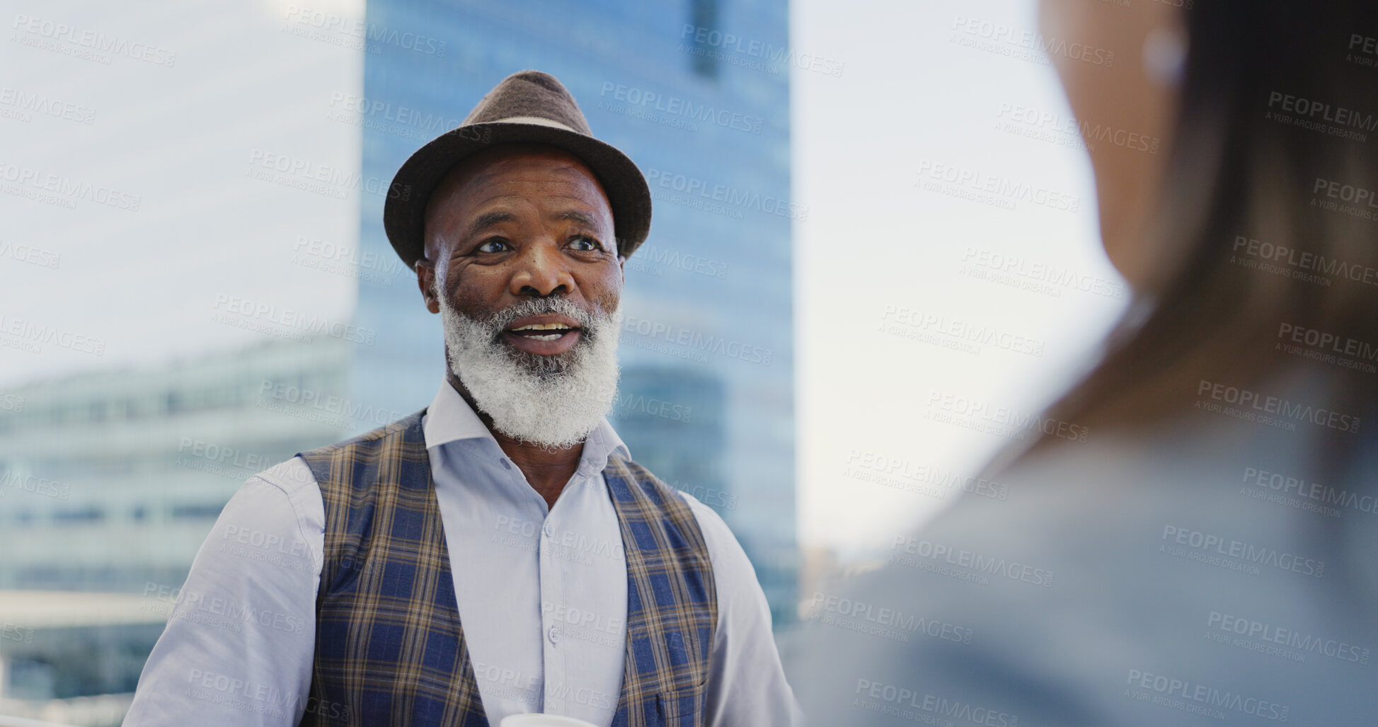 Buy stock photo City, businessman and woman with network, collaboration and communication of goals for development. Employees, accountant and rooftop in discussion on company, policies and international business 