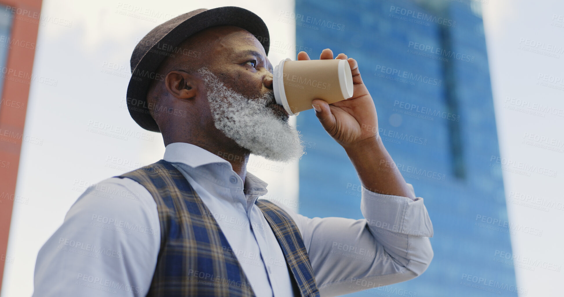 Buy stock photo Senior, black man and drink of coffee in city, morning or travel in New York with commute and urban routine. African, businessman and drinking tea and thinking outdoor of building with calm mindset