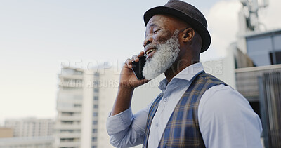 Phone call, business and black man talking in city, laughing and chatting. Cellphone, communication and senior male on 5g mobile smartphone networking, discussion or comic conversation with contact.