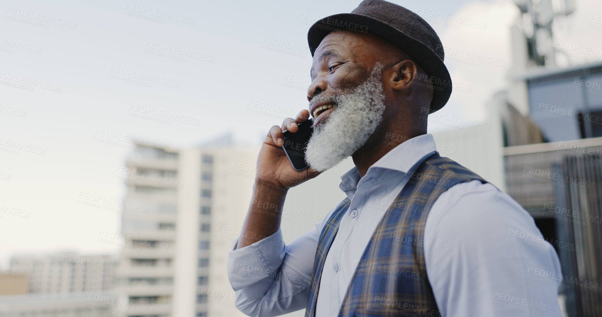 Buy stock photo Business phone call, city and mature black man talking, consulting and conversation with urban investment contact. Consultation advice, discussion and professional businessman networking on cellphone