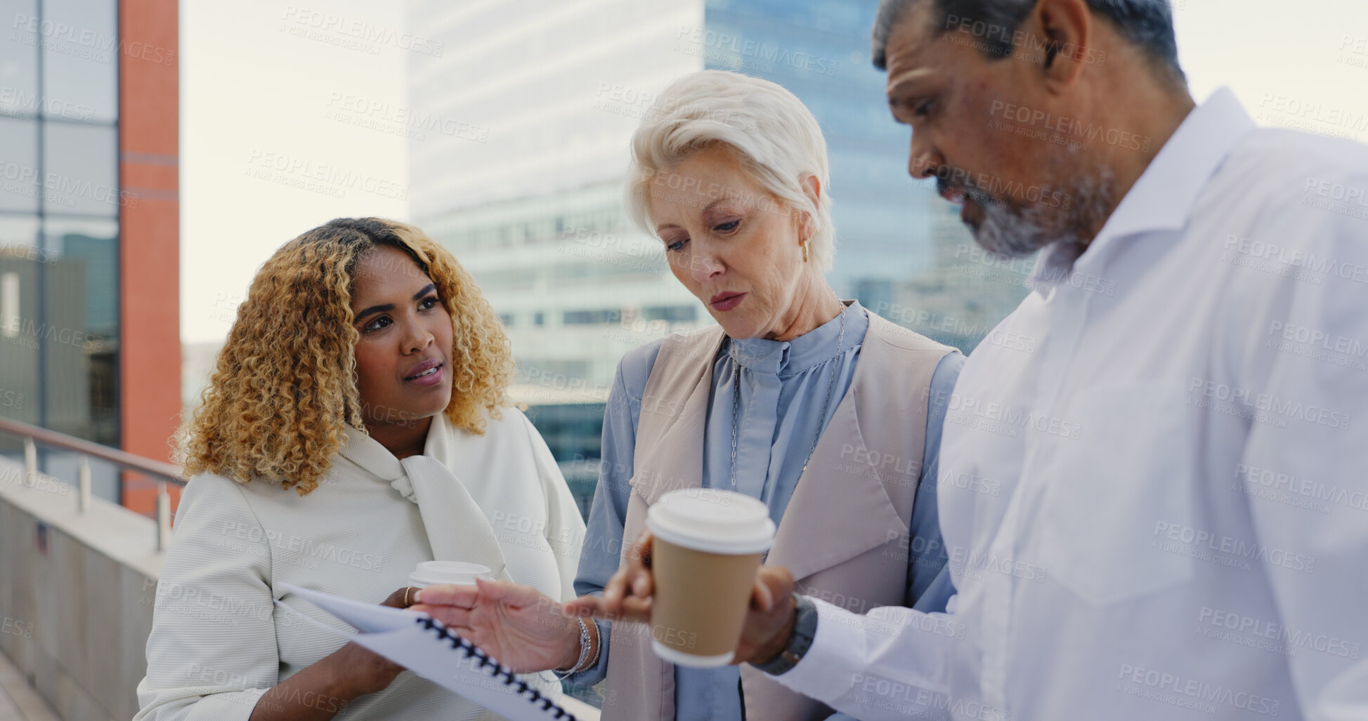 Buy stock photo Collaboration, rooftop and team of business people on a building in the city with coffee. Meeting, discussion and group of professional lawyers with legal document for case on office balcony in town 