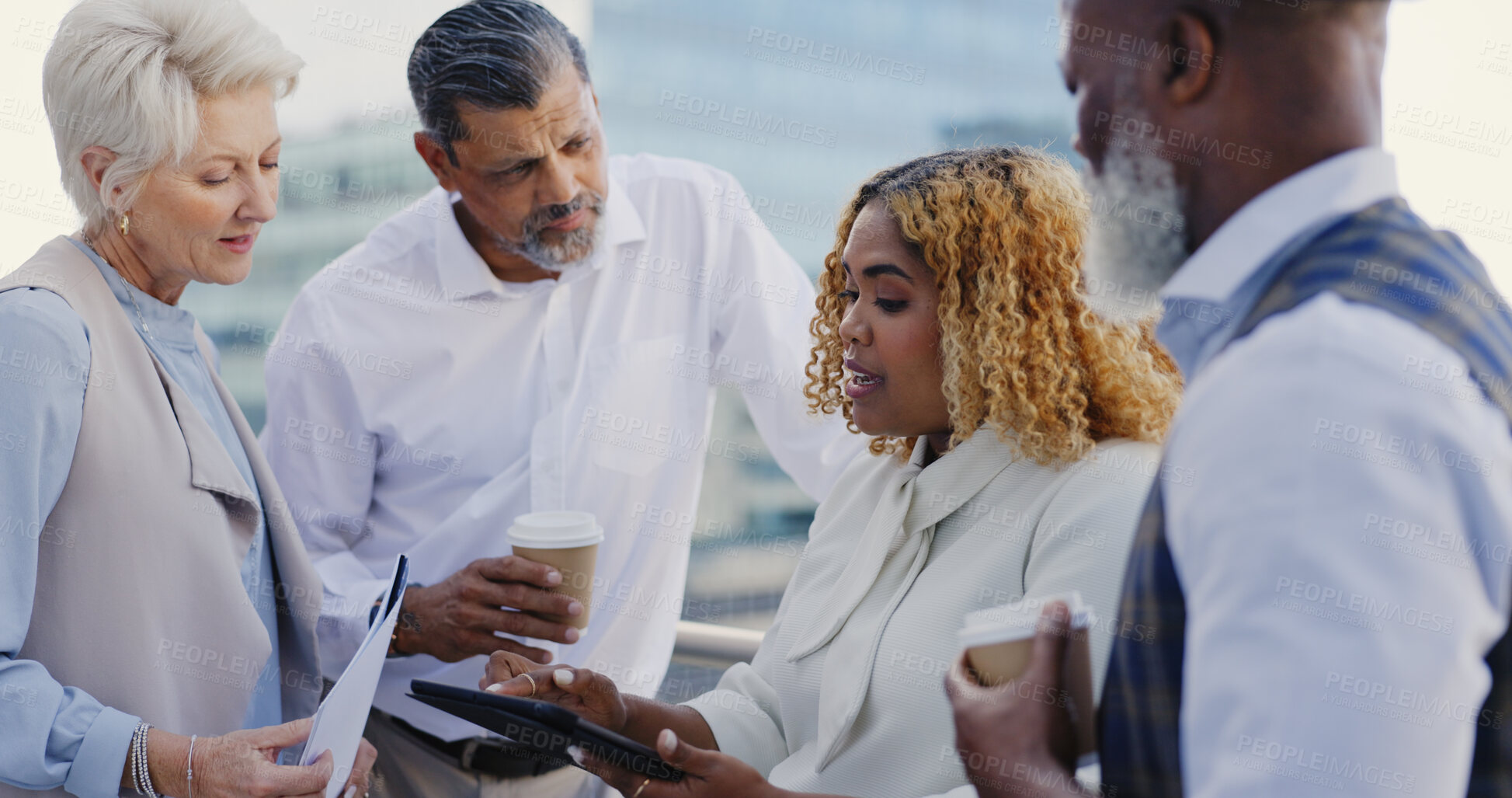 Buy stock photo Tablet, rooftop and team of business people in discussion on a building in the city with coffee. Meeting, collaboration and professional lawyers with legal document for case on office balcony in town