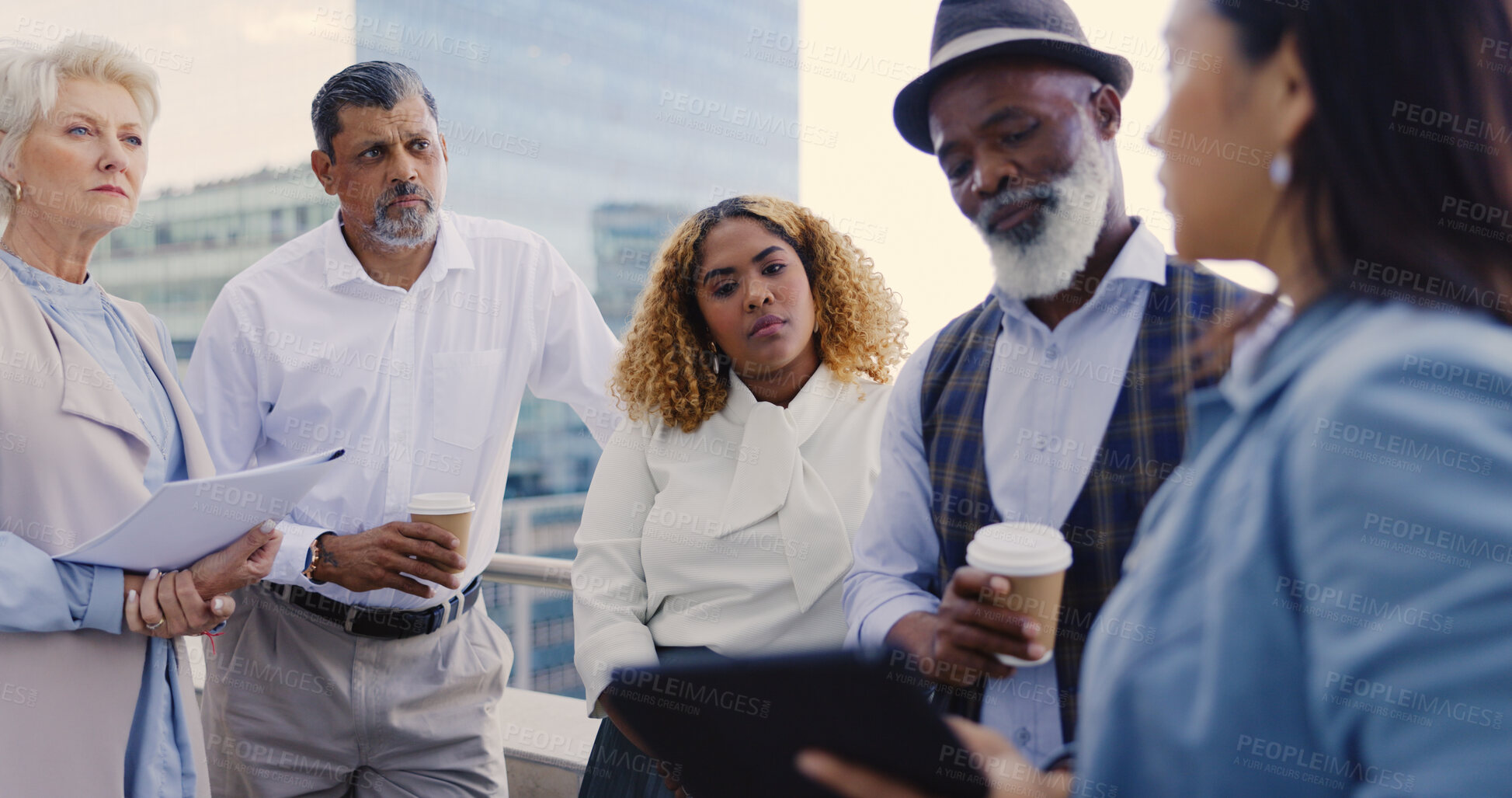 Buy stock photo Meeting, rooftop and team of business people on building in city with documents and coffee. Collaboration, discussion and professional lawyers with legal paperwork for case on office balcony in town.