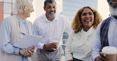 Buy stock photo Collaboration, meeting and team of business people on a rooftop on a building in the city. Professional, discussion and group of lawyers with legal document for case on office balcony in town.