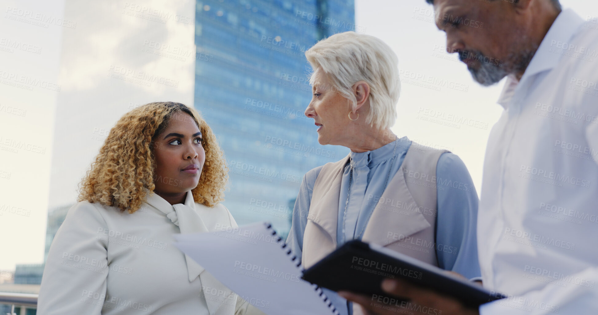 Buy stock photo Collaboration, rooftop and team of business people with documents on a building in city. Meeting, discussion and group of professional lawyers with legal paperwork for case on office balcony in town.