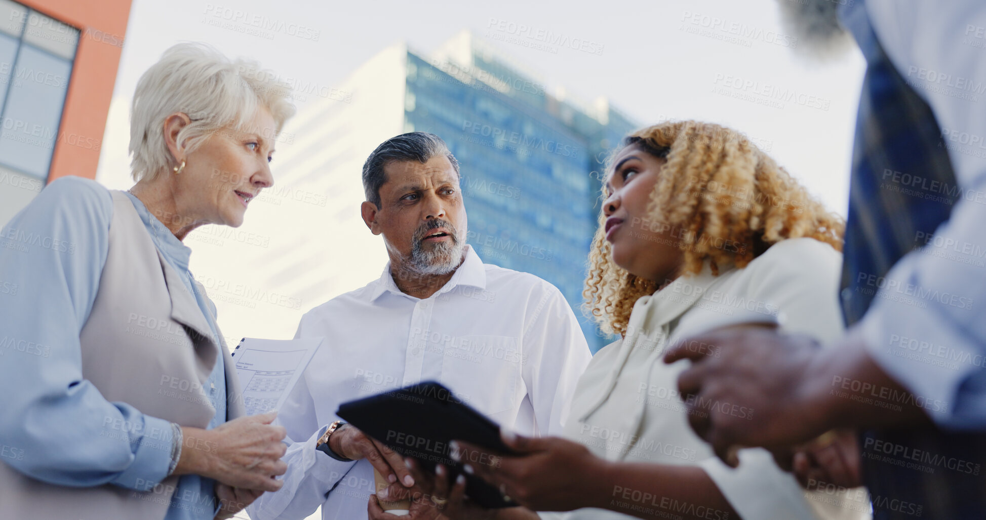 Buy stock photo Tablet, meeting and team of business people on a rooftop of building in the city for planning. Technology, discussion and professional lawyers with legal document for case on office balcony in town.