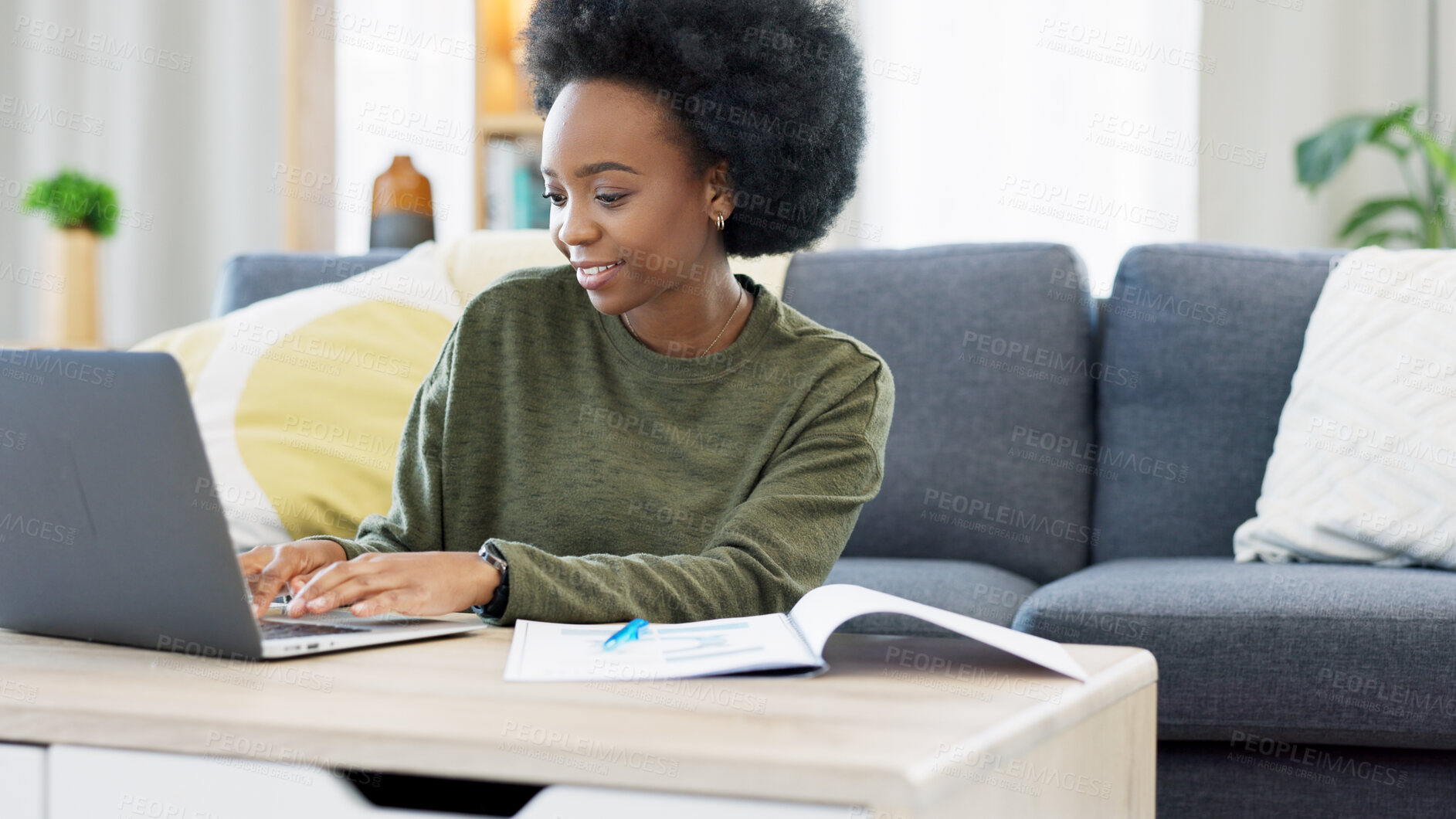 Buy stock photo Smile, typing and black woman on laptop in home living room at table, research info and remote work. Happy African freelancer on computer in lounge, planning project and reading email on internet