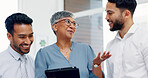 Tablet, collaboration or business people for teamwork in office building for marketing strategy, web SEO growth or research. Meeting, happy or manager on tech planning, social media or network blog