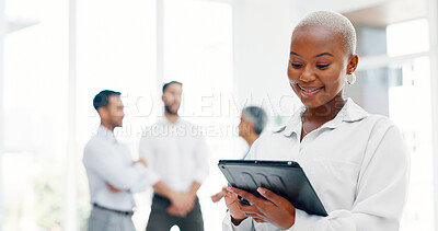 Tablet, research and planning with a business black woman at work on an innovation idea in an office. Marketing, data or calendar with a female employee checking her schedule using an internet search
