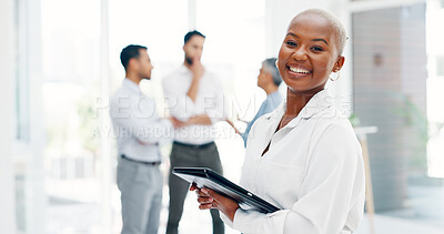 Face, corporate and black woman with tablet, smile and digital marketing for sales growth, goals and workplace. Portrait, African American female employee or leader with happiness and online schedule