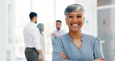 Face of a senior business woman proud and happy with company values, mission and inclusion culture in office. Workplace, corporate and smile of manager, employee or worker vision, goals and laughing