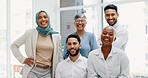 Diversity, team portrait and smile together in office for collaboration support, startup happiness and excited employees. Interracial teamwork, group solidarity and happy corporate goals motivation