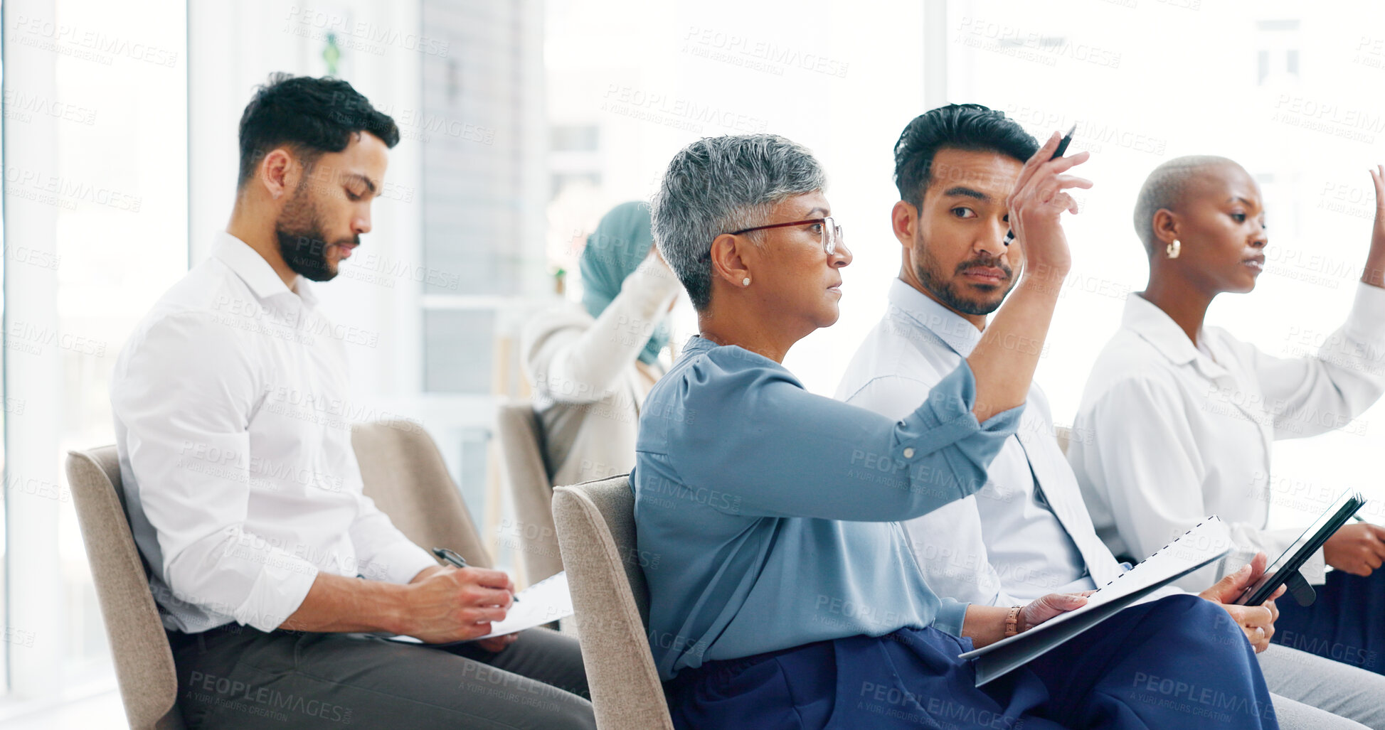 Buy stock photo Seminar woman, business people meeting and question on project, presentation speech or corporate training feedback. Trade show audience, hand up and conference crowd asking, vote or learning workshop