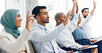 Hands, audience and questions during a presentation by business people discussing goal in meeting. Hand, training and team share goal, mission and planning in business meeting, conference or workshop