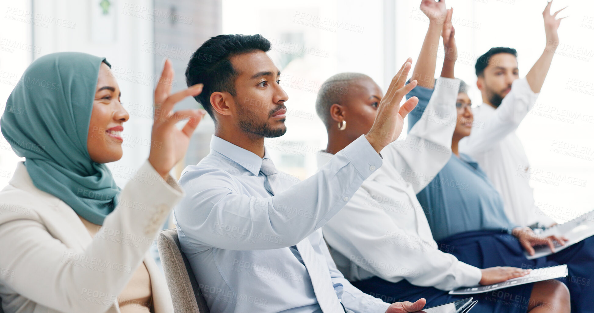 Buy stock photo Conference row, business people meeting and hand up for answer, presentation speech or event feedback, lecture or volunteer. Tradeshow audience, clients voting and crowd asking investment questions