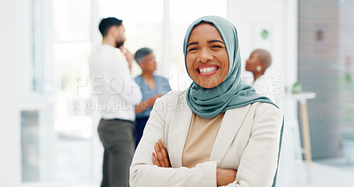 Face of a muslim business woman in hijab, proud for company values, mission and inclusion culture in office. Workplace, corporate and happy islamic employee or worker with vision, goals and laughing