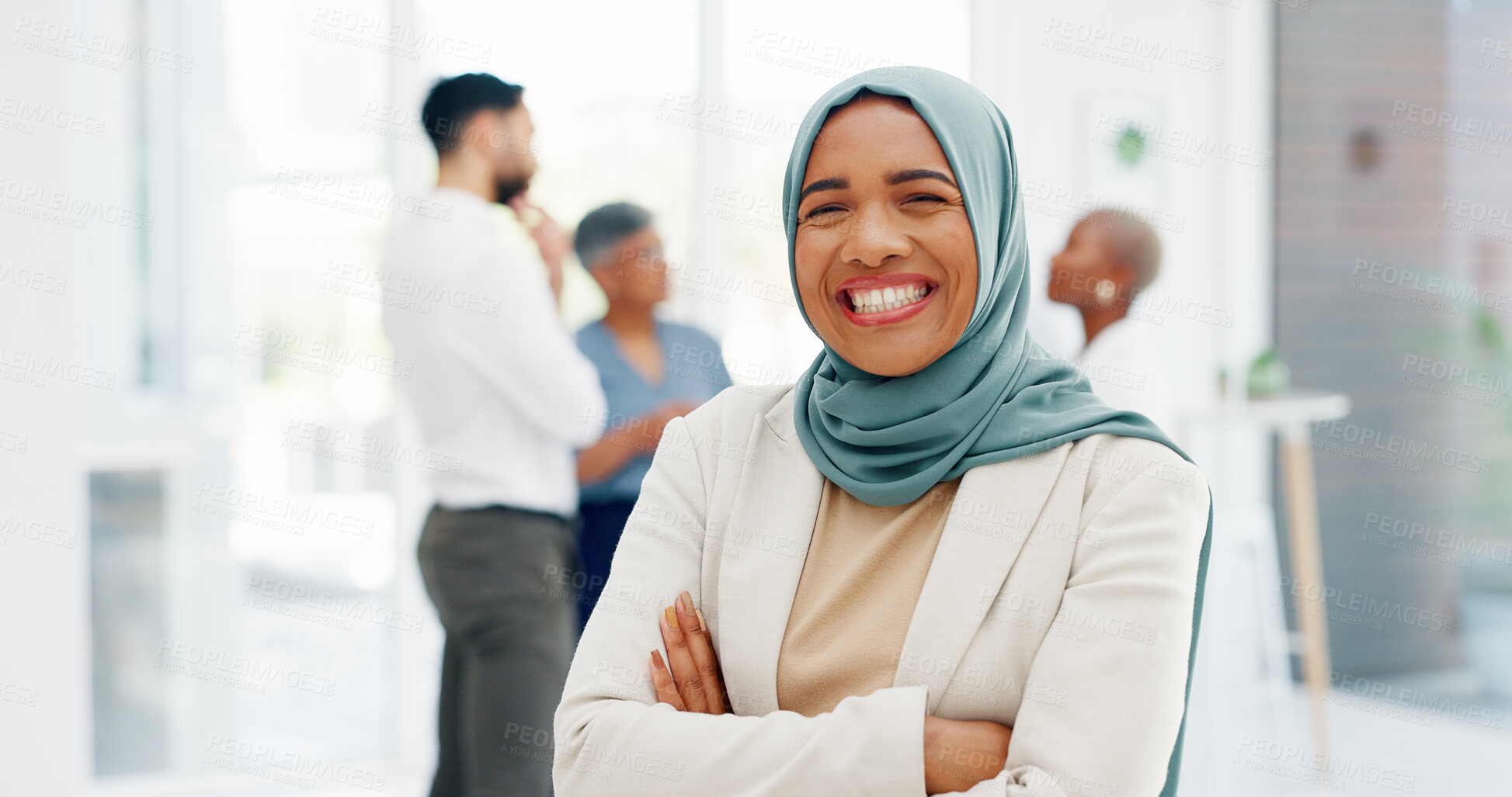 Buy stock photo Portrait, Muslim and business woman in hijab, proud for company values, mission and inclusion culture in office. Workplace, corporate and happy islamic employee or worker with opportunity and goals