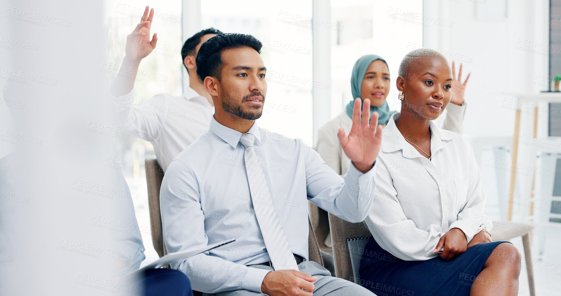 Buy stock photo Hands, audience and questions during a presentation by business people for a goal in meeting. Feedback, training and team in seminar, mission and planning in a meeting, conference or workshop