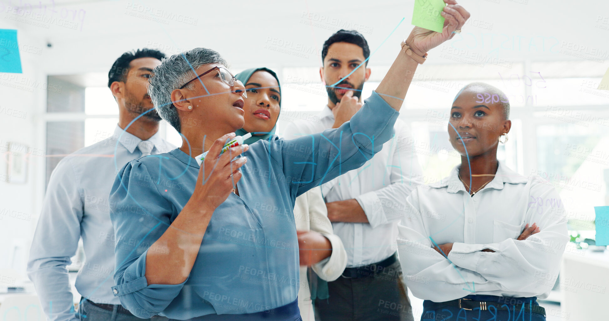 Buy stock photo Leadership, writing or business people with sticky notes, brainstorming and teamwork with research, planning and analysis. Staff, manager and employees with ideas, project and feedback in a meeting