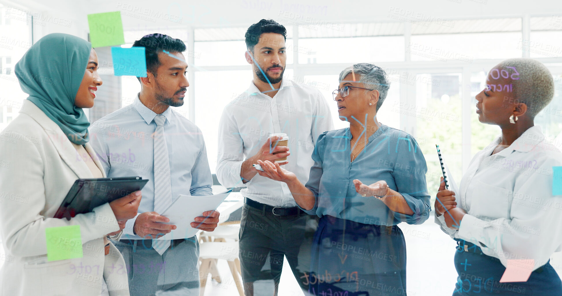 Buy stock photo Leadership, meeting or business people with sticky notes, teamwork and research with planning, feedback and analysis. Group, manager and employees with ideas, project and cooperation in a meeting