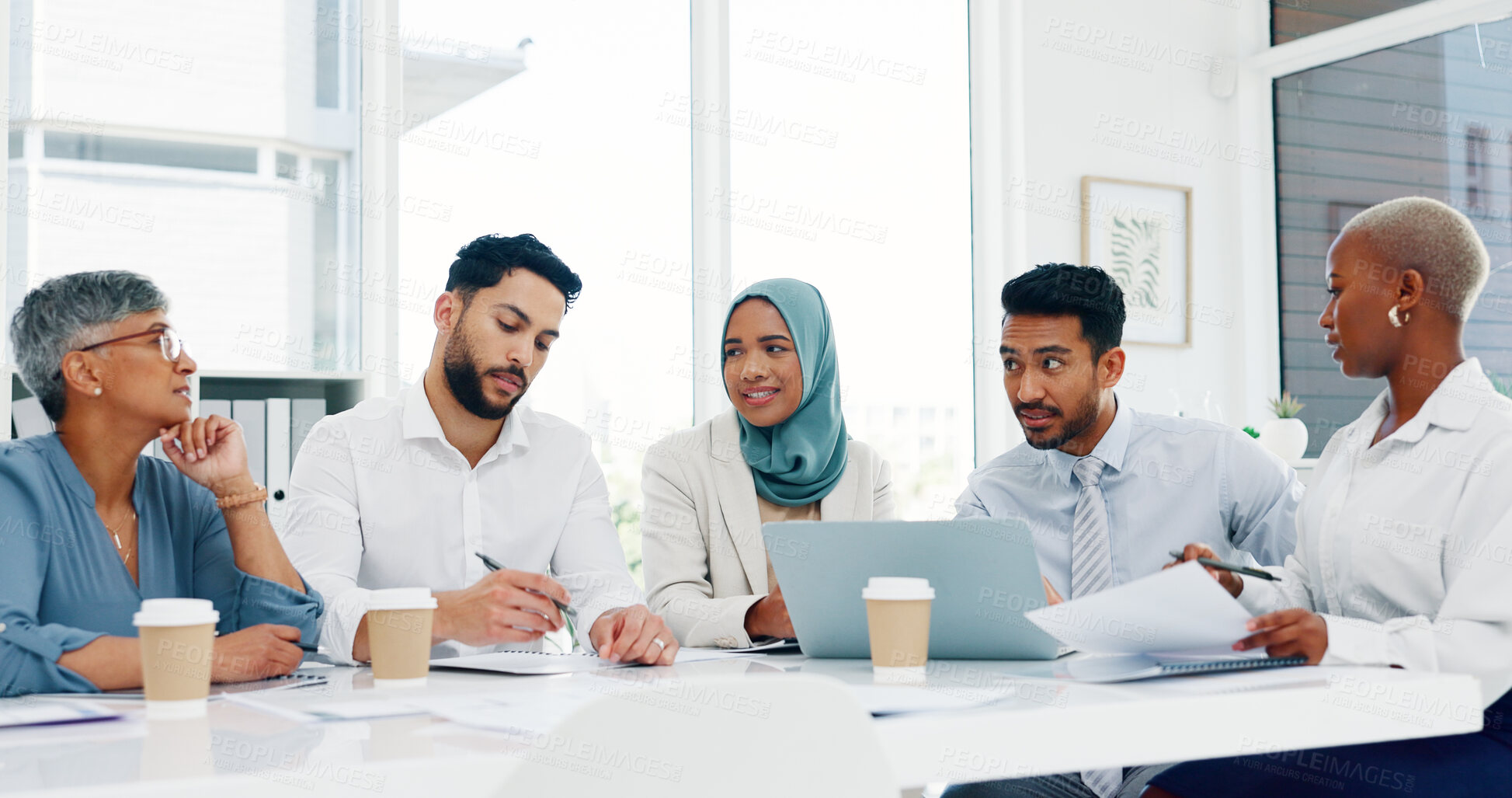 Buy stock photo Group, diversity meeting and business people listening to finance plan, savings report or budget funding proposal. Investment discussion, staff attention and team working on financial sales feedback