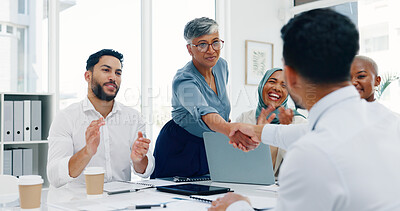 B2B, thank you and handshake business people applause for welcome, partnership or hiring contract on success deal. Trust, support and collaboration worker shaking hands at end of business meeting.