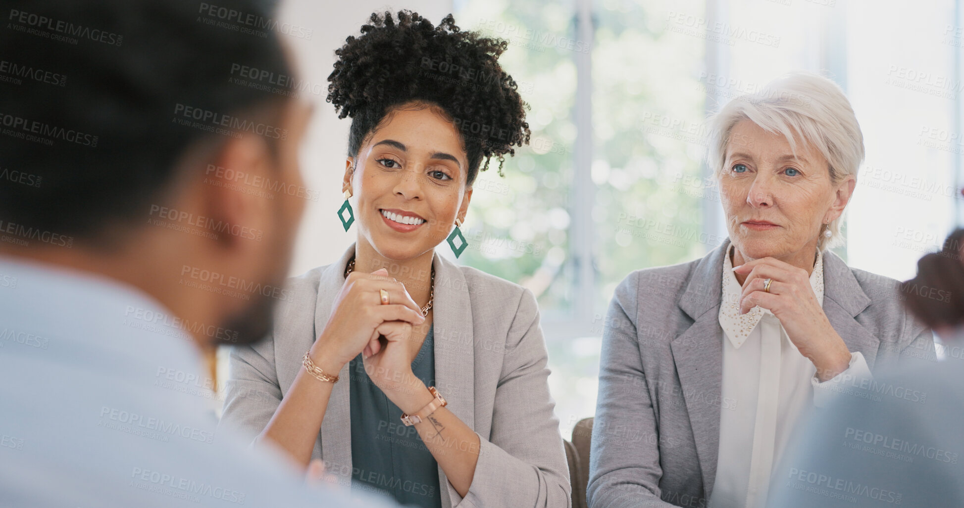 Buy stock photo Happy business people, meeting and discussion in planning, teamwork or boardroom together at office. Group of employees smile in team brainstorming, strategy plan or ideas in conference at workplace