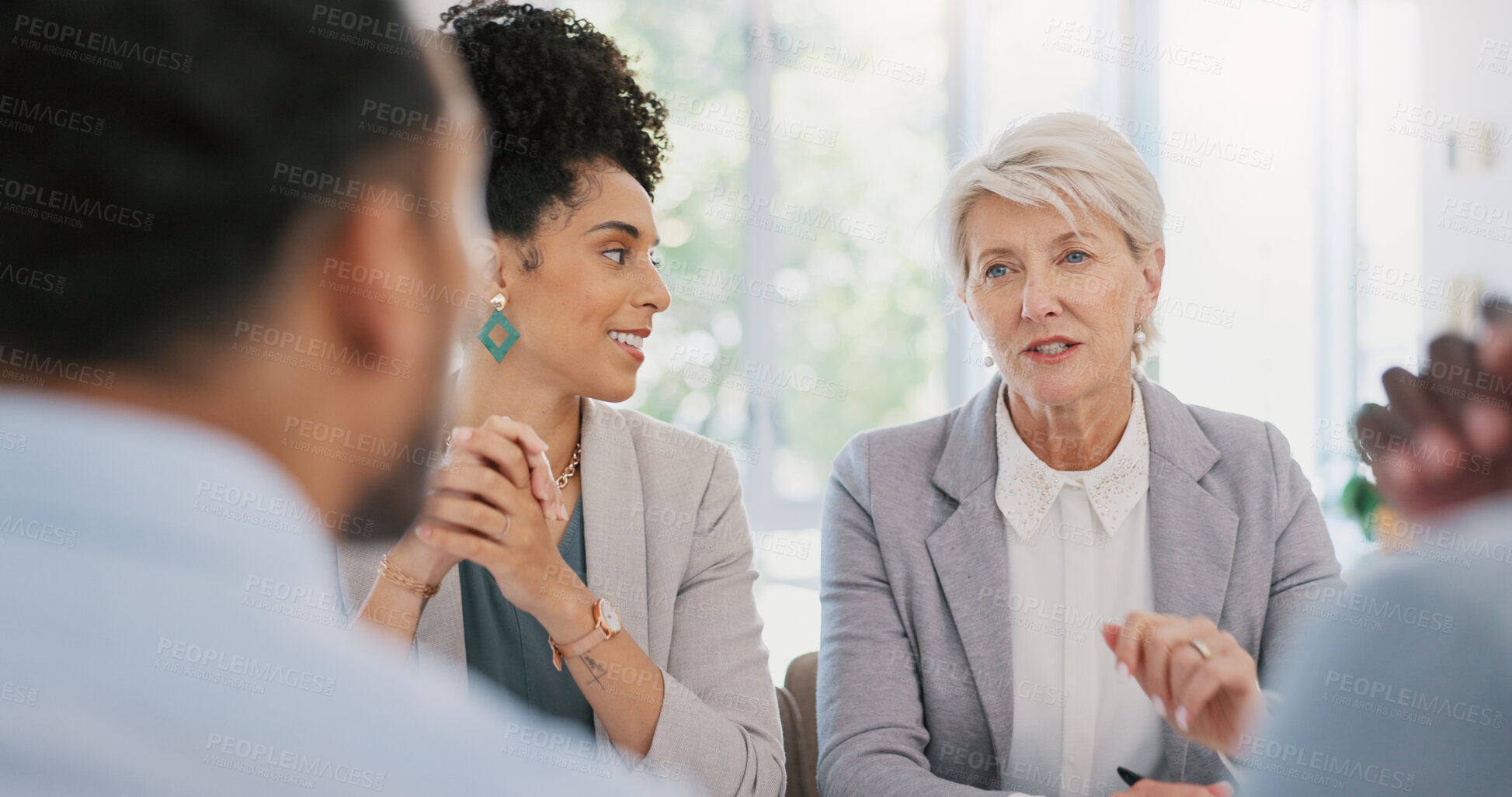 Buy stock photo Business people, meeting and discussion in planning, teamwork or boardroom together at office. Group of employees in team brainstorming, strategy or ideas in conference or staff training at workplace