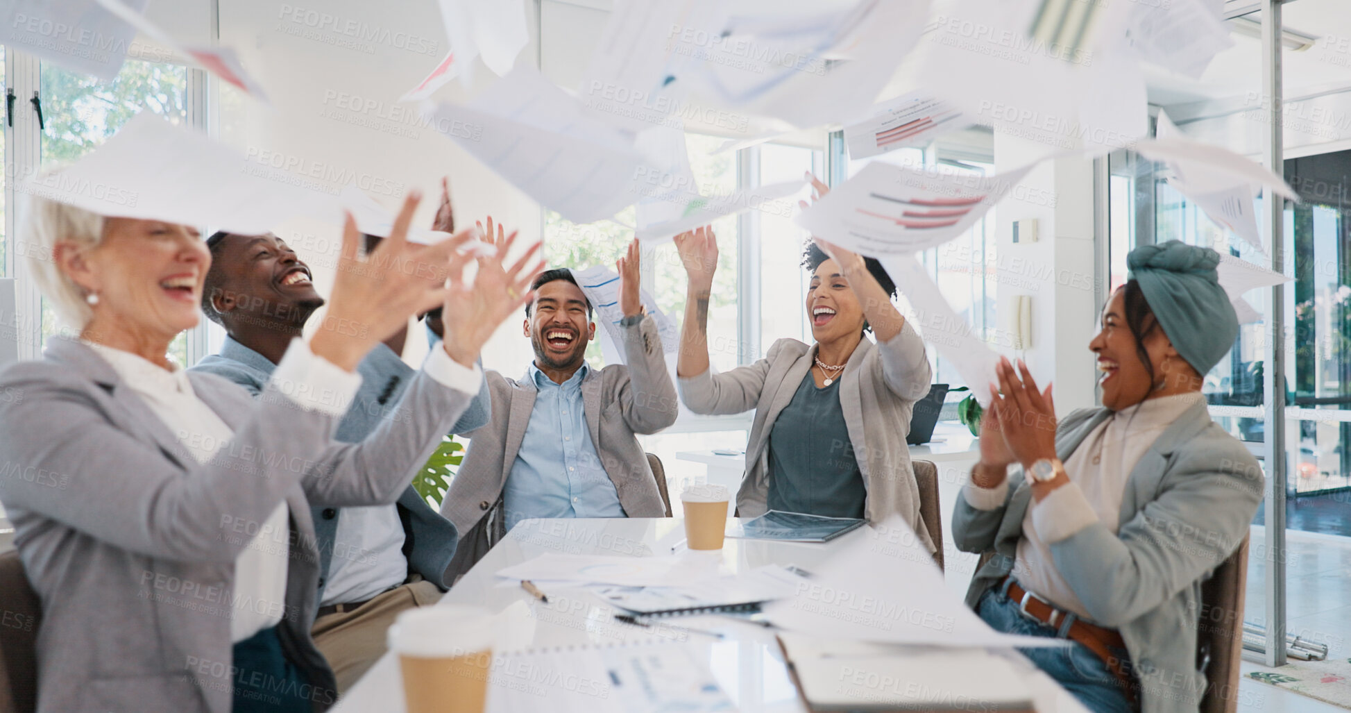 Buy stock photo Business people, throw paper and meeting success, celebration or applause for finance, bonus and revenue. Professional group or winner team excited and clapping for profit, goals and documents in air