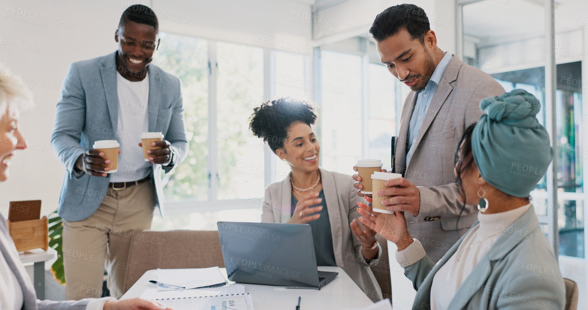 Buy stock photo Business people, coffee or diversity team meeting on laptop in company finance planning, investment strategy or paper analytics. Happy, financial workers or collaboration on technology and drink