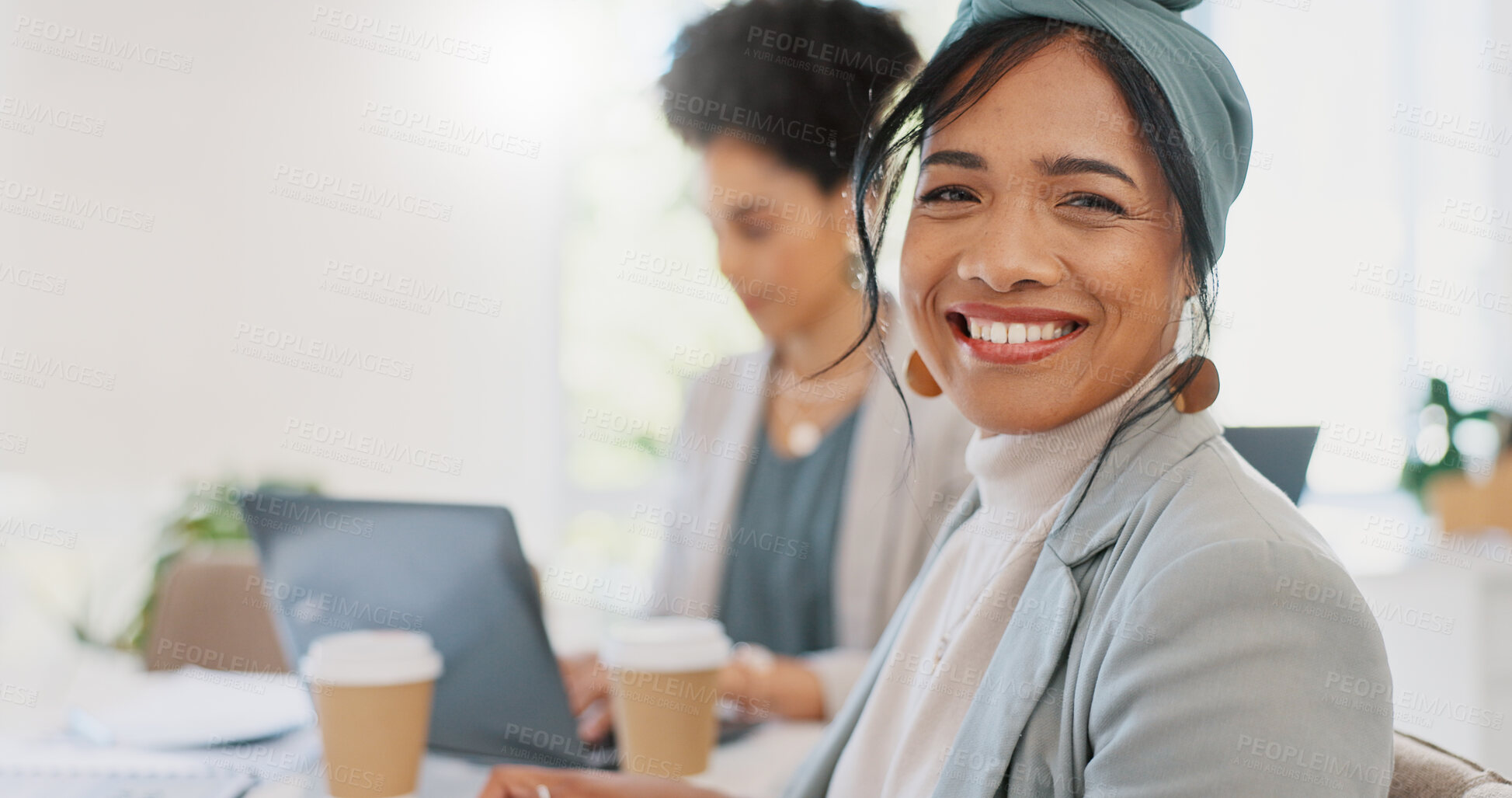 Buy stock photo Meeting, happy and portrait of business woman in office for team discussion, planning and management. Corporate, company and face of confident worker with smile for growth, success and collaboration