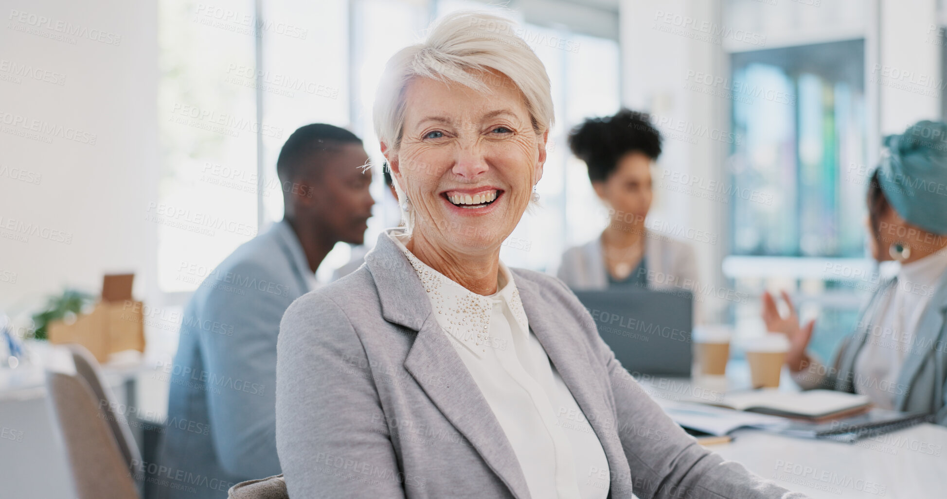 Buy stock photo Meeting, leader and portrait of business woman in office for team discussion, planning and management. Corporate, happy and confident mature manager with smile for growth, success and collaboration