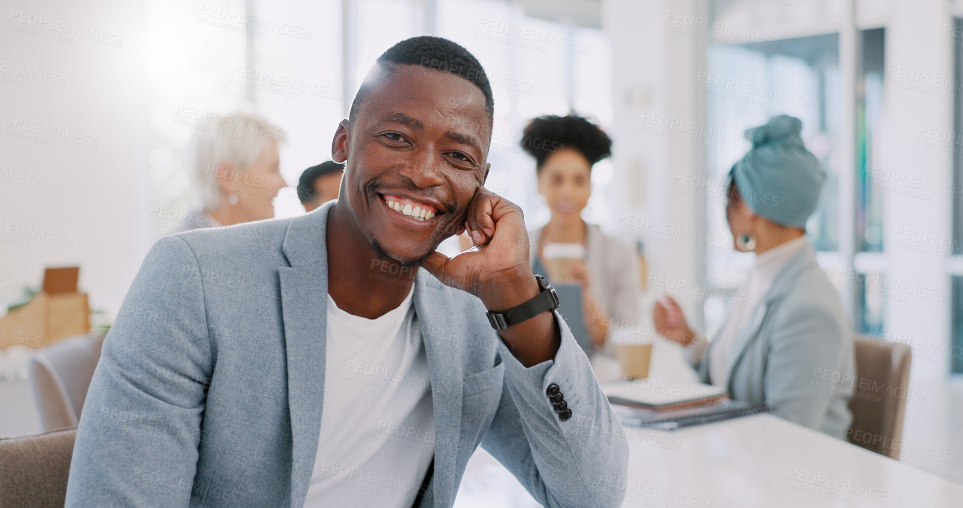 Buy stock photo Black man, meeting and face of professional in office sitting at table with a corporate team. Happy, smile and portrait of African businessman working on company project with colleagues in workplace