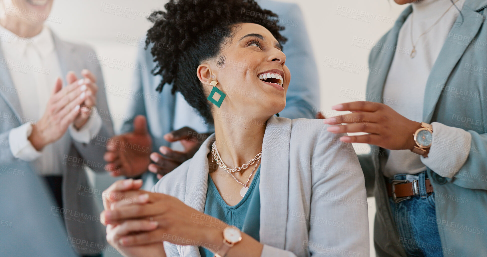 Buy stock photo Happy business woman, applause and celebration in meeting, teamwork or winning together at office. Group of employees clapping in success for team goals, achievement or company target at workplace