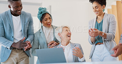 Success, laptop or happy senior manager winning a job promotion after meeting sales kpi target or goals. Applause, wow or mature woman smiles with pride for business deal news or winners achievement