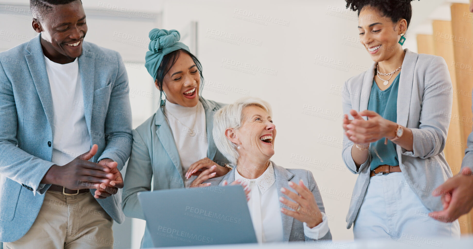 Buy stock photo Business people, applause and celebration in meeting, winning or team promotion together at office. Group of happy employees clapping in teamwork achievement for company target or goals at workplace