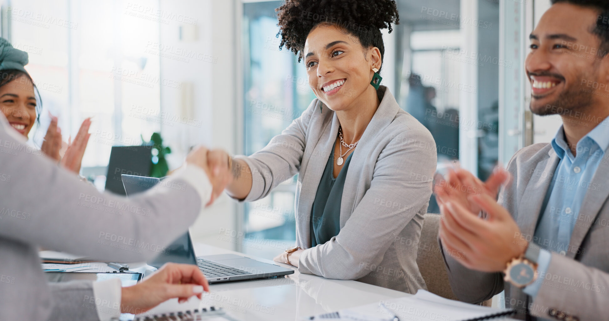 Buy stock photo Happy business people, handshake and applause in meeting, hiring or partnership together at office. Group of employees shaking hands, clapping and celebration for b2b, deal or recruiting at workplace