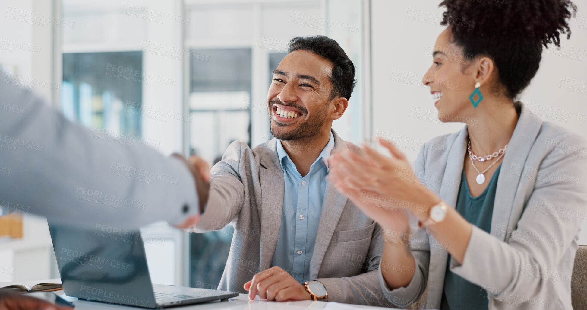 Buy stock photo Happy business people, handshake and applause in partnership, hiring or meeting together at office. Group of employees shaking hands, clapping and celebration for b2b, deal or recruiting at workplace