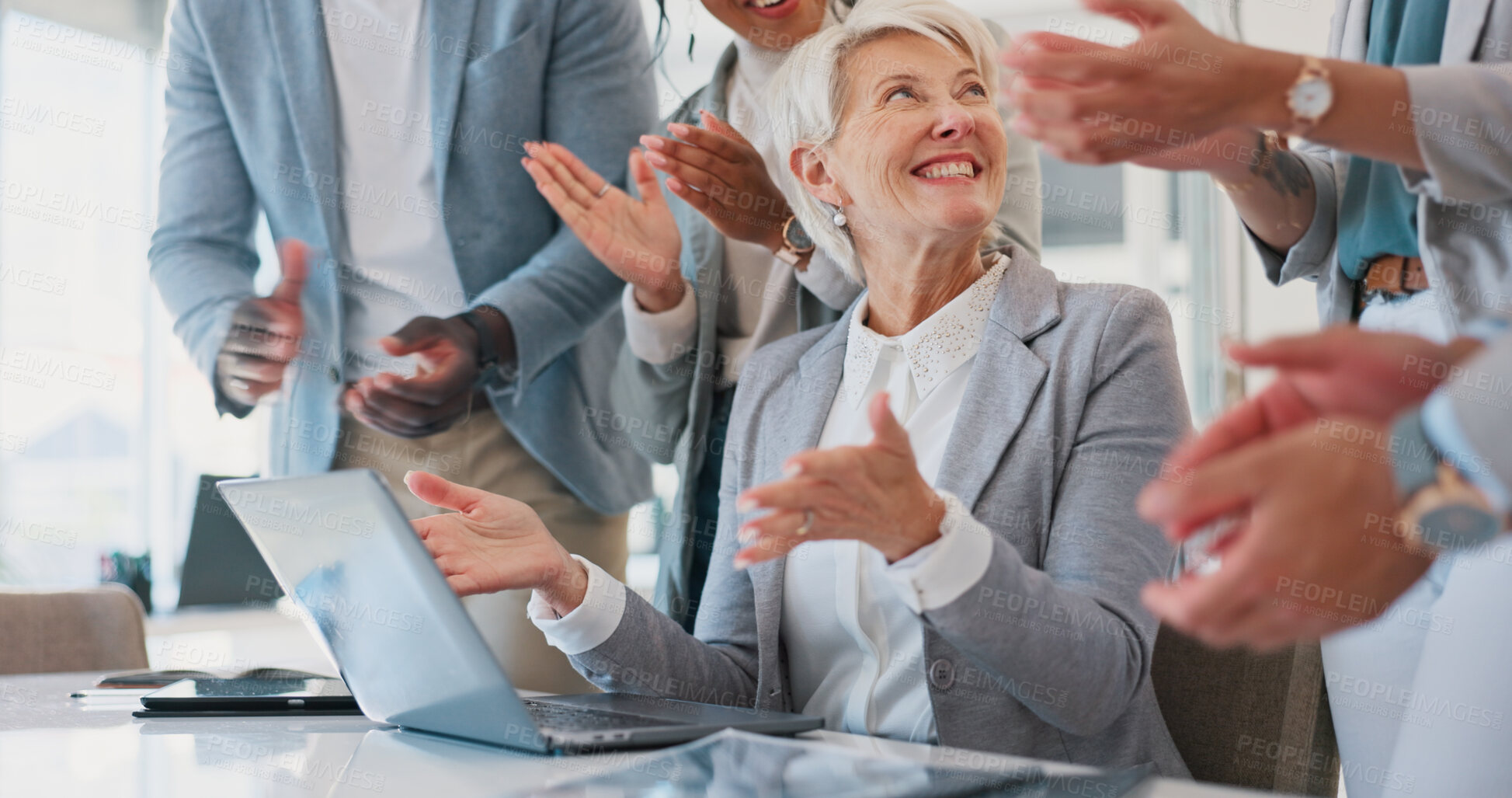 Buy stock photo Happy business people, laptop and applause in celebration, winning or promotion together at office. Group of employees smile and clapping for good news, success or team achievement at workplace