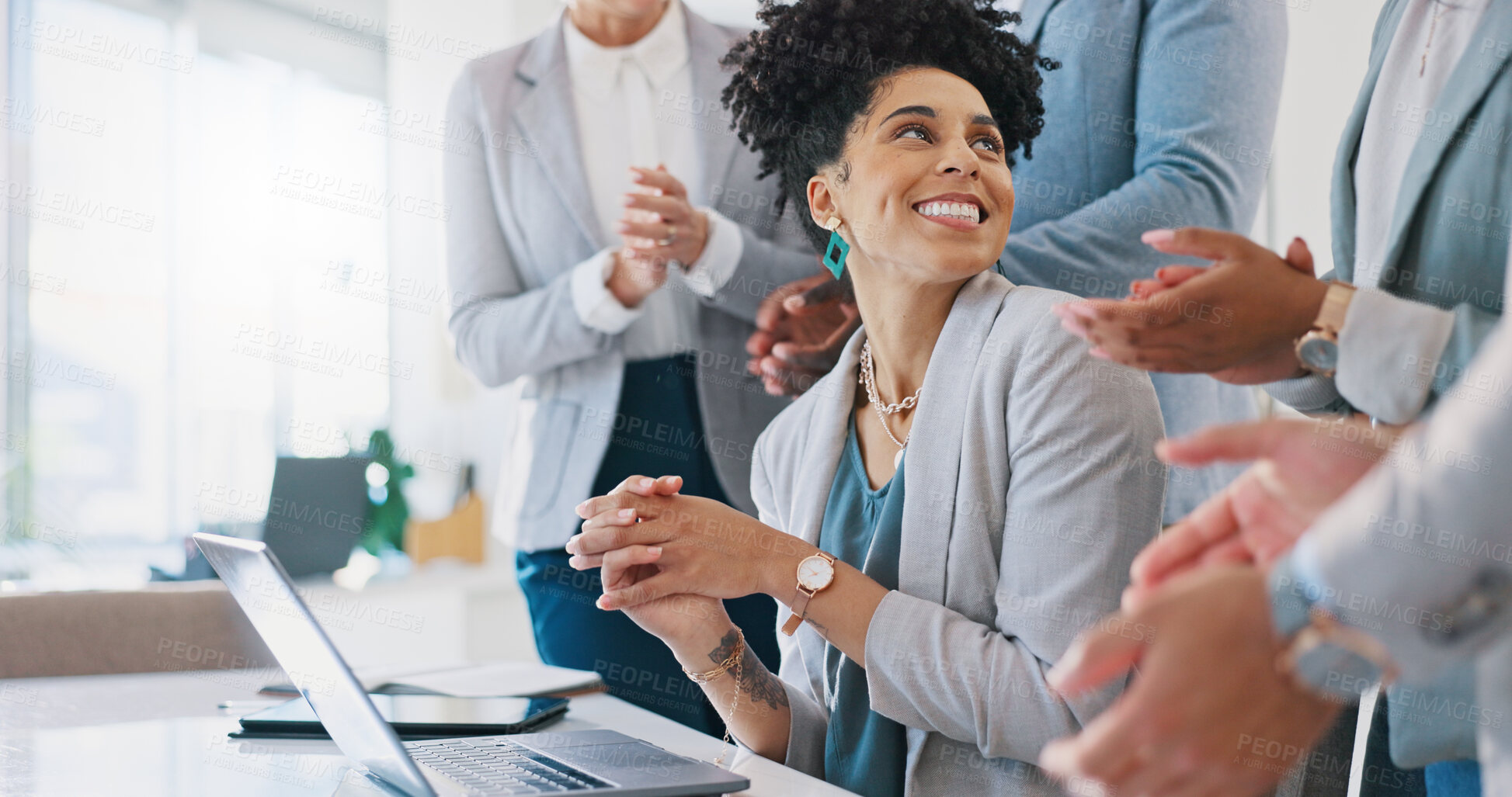 Buy stock photo Happy business people, laptop and applause in promotion, celebration or winning together at office. Group of employees smile and clapping for good news, success or team achievement at workplace